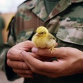 Soldier, man in military uniform, holds small defenseless fluffy chicken in his hands. Concept against war, no war,