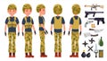 Soldier Man Set Vector. Poses. Army Person. Camouflage Uniform. Shooter. Saluting. Cartoon Military Character