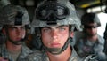 Soldier in military gear over prosthetic, intense close up capturing dedicated gaze