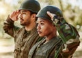 Soldier, military and people salute in nature for service, protection and battle outdoors. War training, national army Royalty Free Stock Photo