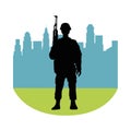 Soldier military with rifle silhouette in cityscape background