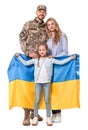 Soldier in military uniform reunited with his family and Ukrainian flag on white background Royalty Free Stock Photo