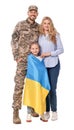 Soldier in military uniform reunited with his family and Ukrainian flag on white background Royalty Free Stock Photo