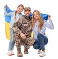 Soldier in military uniform reunited with his family and Ukrainian flag on white background Royalty Free Stock Photo