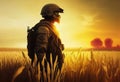 A soldier in military uniform stands among the golden spikelets of a wheat field at sunset