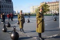 Soldier on patrol by the Parliament House, Budapest