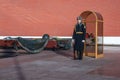 Soldier at the post of guard of honor at eternal fire. Red Square. Moscow.