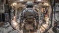 Soldier prepares for combat in advanced exoskeleton within military pod undergoing outfitting process Royalty Free Stock Photo