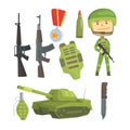 Soldier and professional army weapon, set for label design. Colorful cartoon detailed Illustrations