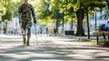 Soldier with prosthetic arms and legs walking to home with crutches in the park. Generative AI