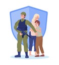 Soldier protecting citizens 2D vector isolated illustration