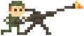 Soldier in protective camouflage clothing holds weapon and fires flamethrower for pixel game design