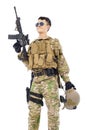 Soldier raising up rifle or sniper with white background Royalty Free Stock Photo