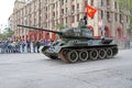 Soldier ride the T-34 tank during a dress rehearsal of a military parade in honor of Victory Day Royalty Free Stock Photo