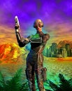 Soldier with rifle on Alien Planet with atmosphere, in the background a city with mountains, desert and clouds, 3d illustration