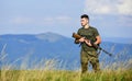 Soldier with rifle. Army forces. State border guard service. Protecting borders of motherland. Stop illegal immigrants Royalty Free Stock Photo