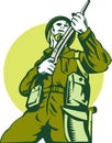 Soldier with rifle lookng up