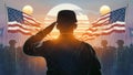 Soldier Saluting American flag in sunset sunrise time. Veterans Day USA Military soldier silhouettes. Happy Independence Day 4th Royalty Free Stock Photo