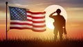 Soldier Saluting American flag in sunset sunrise time. Veterans Day USA Military soldier silhouettes. Happy Independence Day 4th Royalty Free Stock Photo