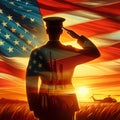 Soldier Saluting American flag in sunset sunrise time. Veterans Day USA Military soldier silhouettes. Happy Independence Day 4th Royalty Free Stock Photo