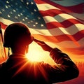 Soldier Saluting American flag in sunset sunrise time. Veterans Day USA Military soldier silhouettes. Happy Independence Day 4th Royalty Free Stock Photo