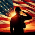 Soldier Saluting American flag in sunset sunrise time. Veterans Day USA Military soldier silhouettes. Happy Independence Day 4th Royalty Free Stock Photo