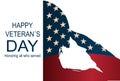 Soldier silhouette saluting the USA flag for memorial day. Happy veteran`s day poster or banners on November 11.