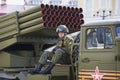 The soldier sitting on the launcher `Grad`. Saint Petersburg