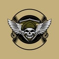 Soldier skull head with beret and wing vector ribbon logo round template