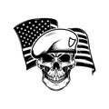 Soldier skull on usa flag background. Soldier skull. Design element for poster, card, banner, sign.