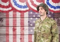 Soldier standing against american flag background Royalty Free Stock Photo