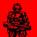 Soldier standing with assault rifle. Grunge style. Vector graphics.