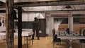 Soldier standing guard in a deserted kitchen