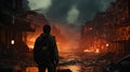 A soldier stands of a destroyed building