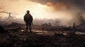 A soldier stands in the middle of a destroyed forest, AI