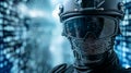 A soldier in tactical gear stands before a wall of digital code, representing the battle against cybercrime Royalty Free Stock Photo