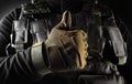 Soldier in tactical gloves showing like front view closeup