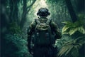 Soldier in tropical forest, man with military equipment in jungle, generative AI