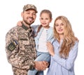 Soldier in Ukrainian military uniform reunited with his family on white background Royalty Free Stock Photo