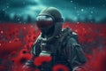 Soldier uniform in poppy field. Generate Ai