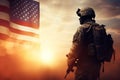 Soldier and USA flag on sunrise background illustration Royalty Free Stock Photo