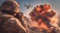 Soldier Using Drone to Drop Bomb on Enemy Fortifications During Military Operation in a Modern Combat Zone Royalty Free Stock Photo