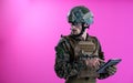 Soldier using tablet computer closeup