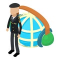 Soldier veteran icon isometric vector. Old man soldier in uniform and globe grid Royalty Free Stock Photo