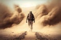Soldier walking in the desert with dust and smoke around him. Generative AI