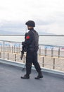 The soldier walks on the deck of the frigate Royalty Free Stock Photo