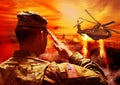 Soldier, war and a man with a salute for a helicopter, military training and fire during a battle. Back, nature and an