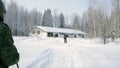 Soldier with weapons in cold forest. Winter warfare and military concept. Clip. Soldiers in winter forest on skis with Royalty Free Stock Photo