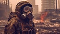 Soldier wearing gasmask in a war zone. Generative AI