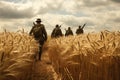 Soldier in the wheat field. Military historical reenactment, A ranger team walking through a wheat field, AI Generated